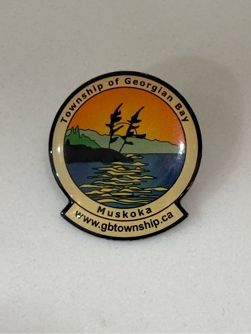 New Township of Georgian Bay Muskoka Enamel Lapel Pin - Sunset Lake Scene